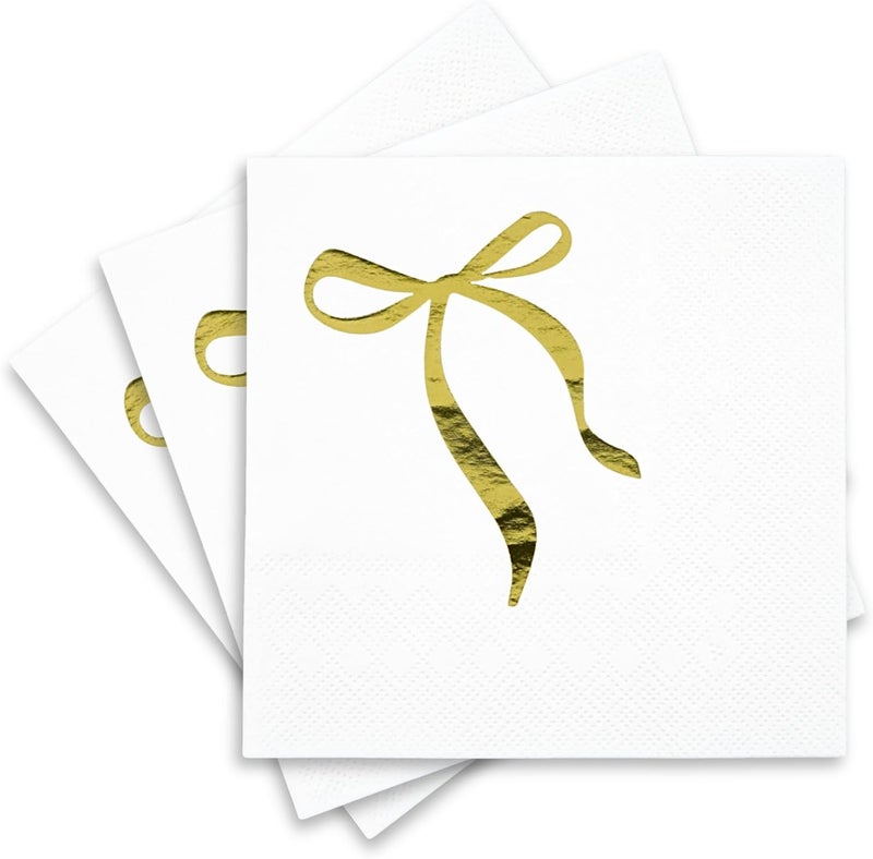 Sunshine Supply Bow Christmas Cocktail Napkins – Gold Foil Ribbon 3-Ply Disposable Paper Napkins for Christmas, Holiday Parties and New Year's Eve - Image 1